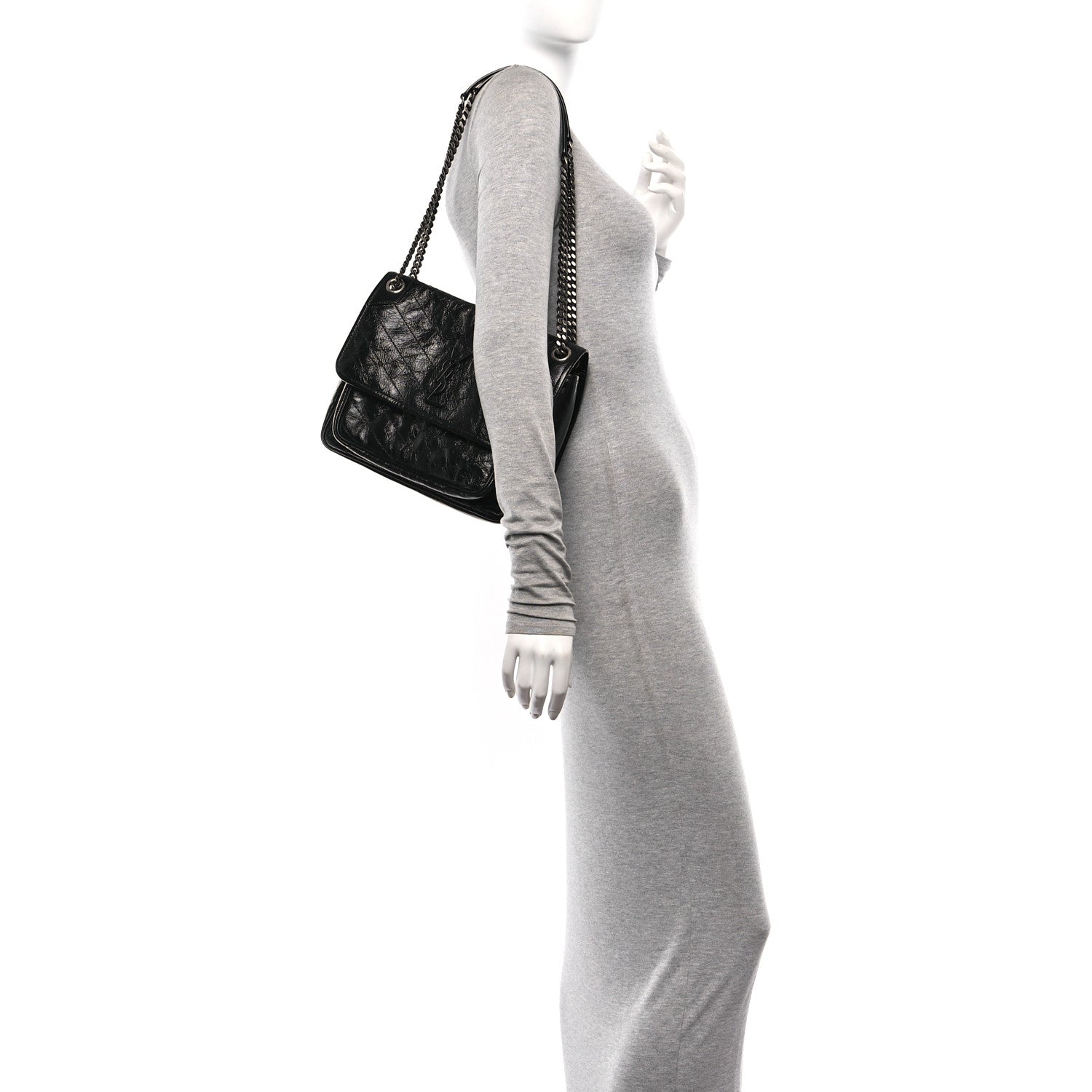 Saint Laurent Crinkled Calfskin Matelasse Monogram Medium Niki Chain Satchel Black 2 of 10