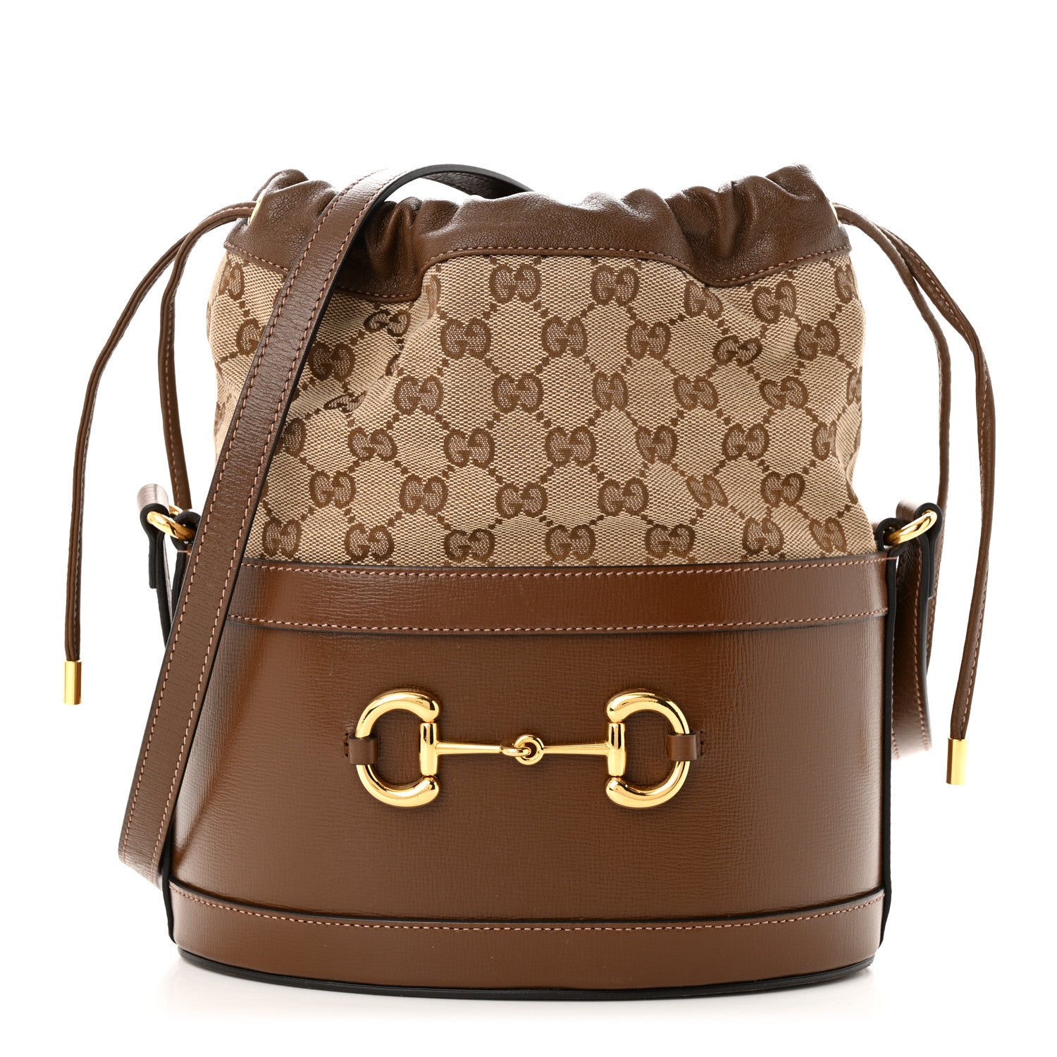 Gucci Monogram Textured Calfskin Horsebit 1955 Drawstring Bucket Bag Beige Brown Sugar 1 of 11