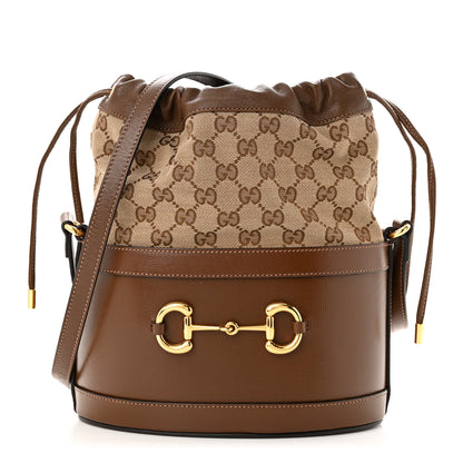Gucci Monogram Textured Calfskin Horsebit 1955 Drawstring Bucket Bag Beige Brown Sugar 1 of 11