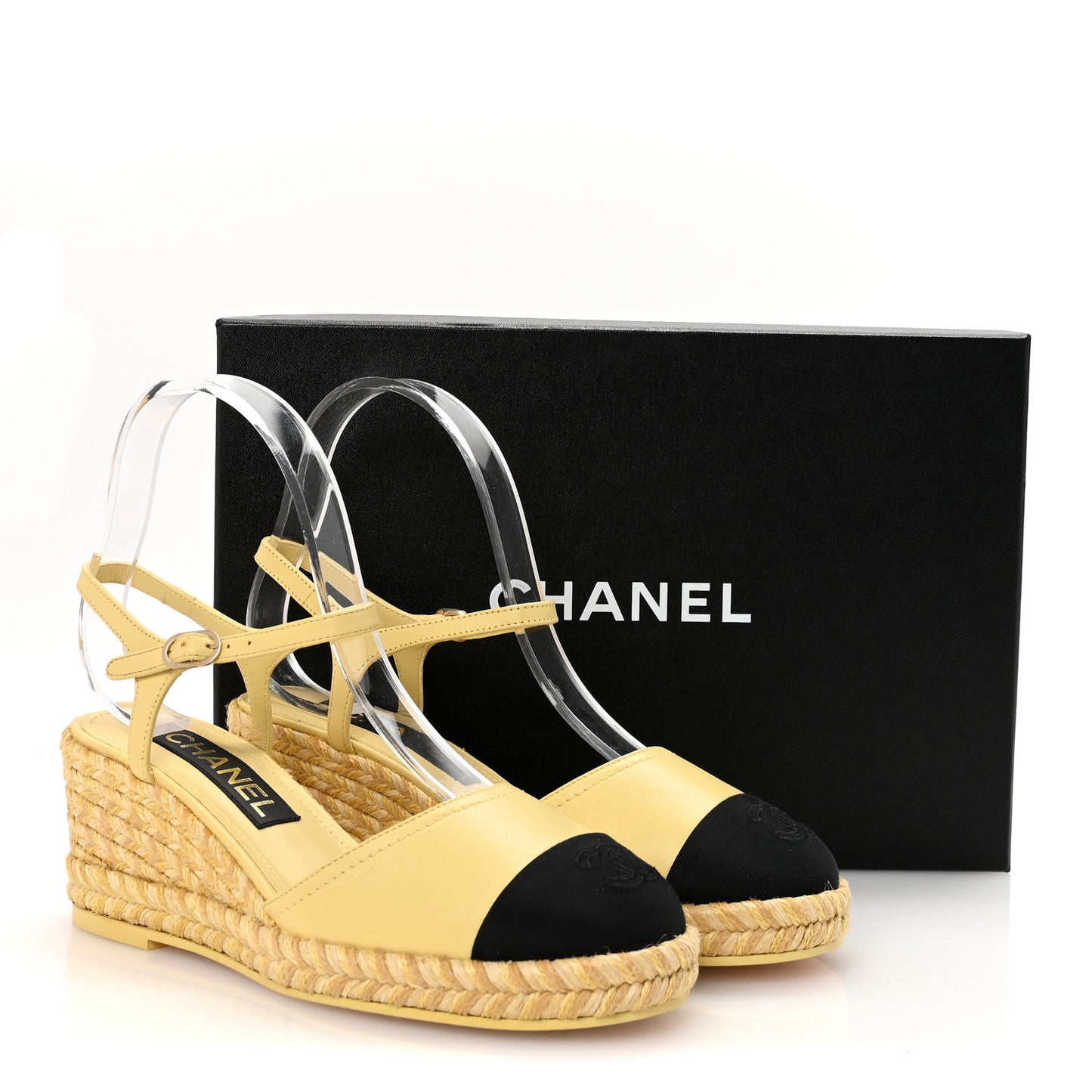 Lambskin Grosgrain CC Espadrilles Wedges 37 Yellow Black