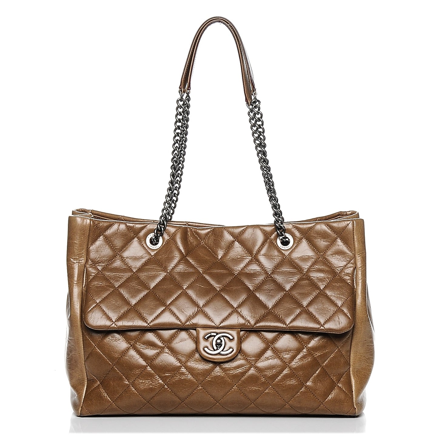 Glazed Calfskin Quilted Large Front Flap Tote Dark Beige