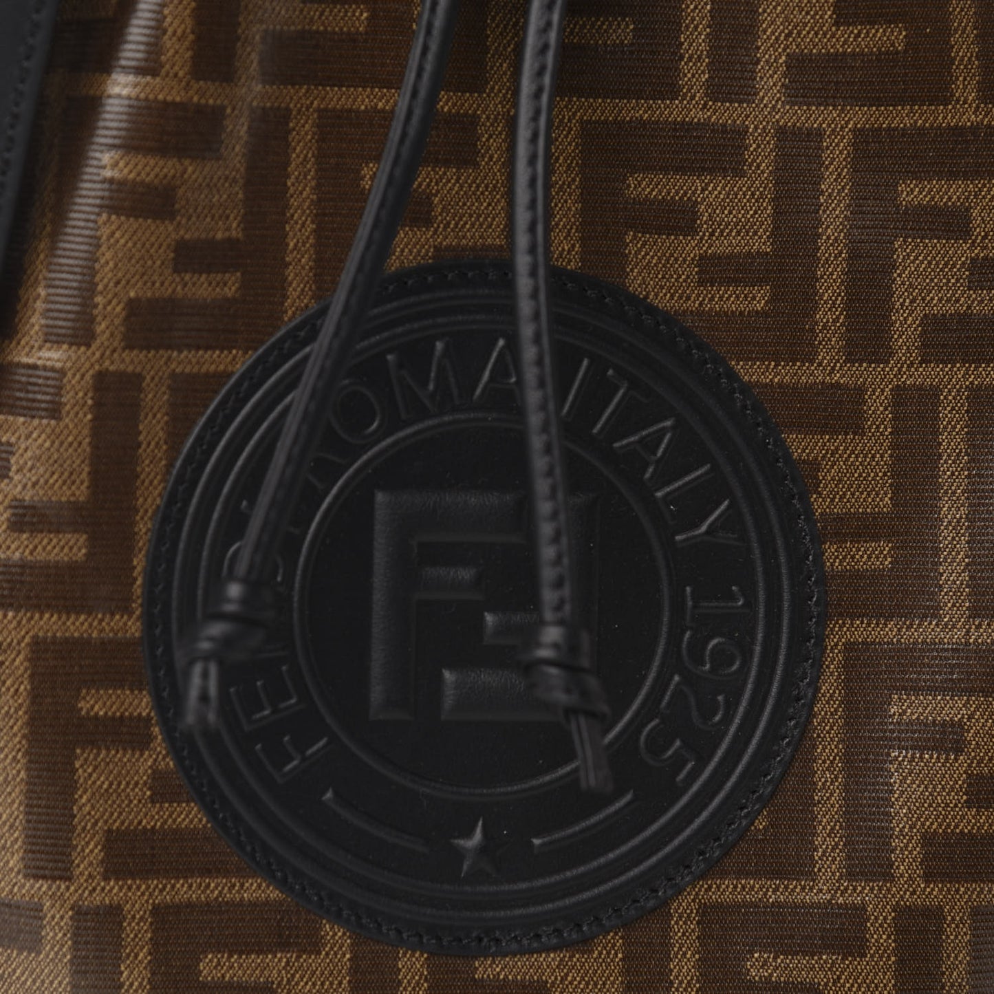 Glazed Fabric Vitello Grace F is Fendi FF 1974 Stamp Patch Grande Mon Tresor Bucket Bag Mogano Panna Black
