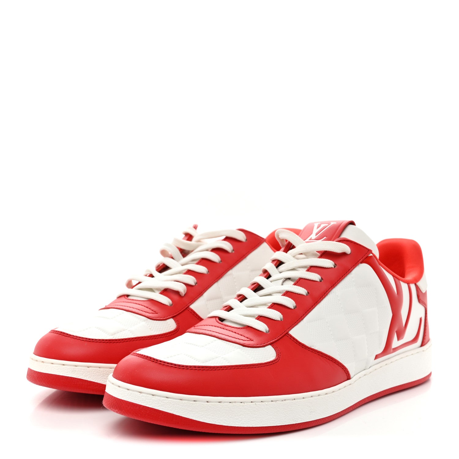 Louis Vuitton Calfskin Maxi Damier Mens Rivoli Sneakers 10 Red White 4 of 9