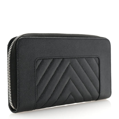 Chanel Caviar Sheepskin Chevron Quilted Mademoiselle Vintage Zip Around Wallet Black 3 of 8