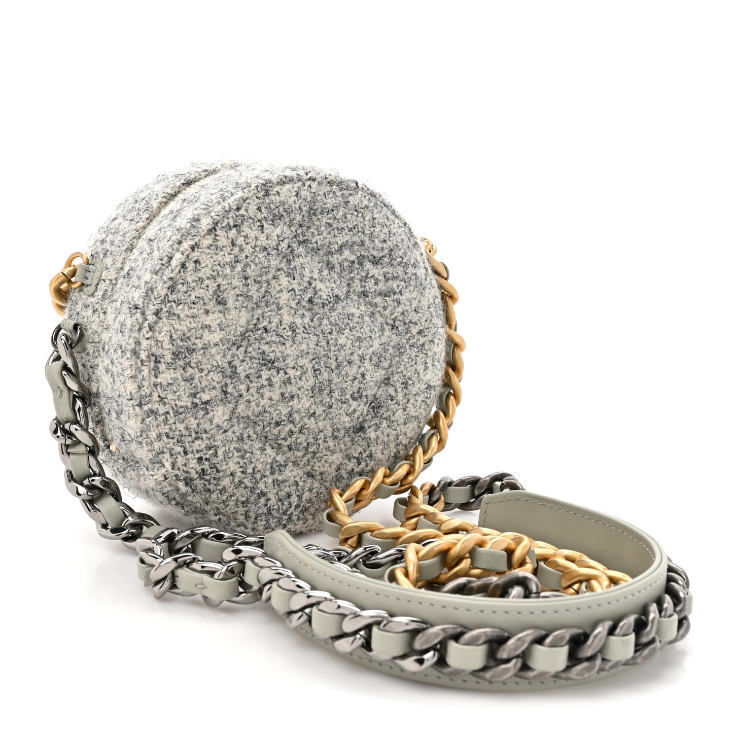 Wool Tweed Lambskin Quilted Chanel 19 Round Clutch With Chain Grey Ecru