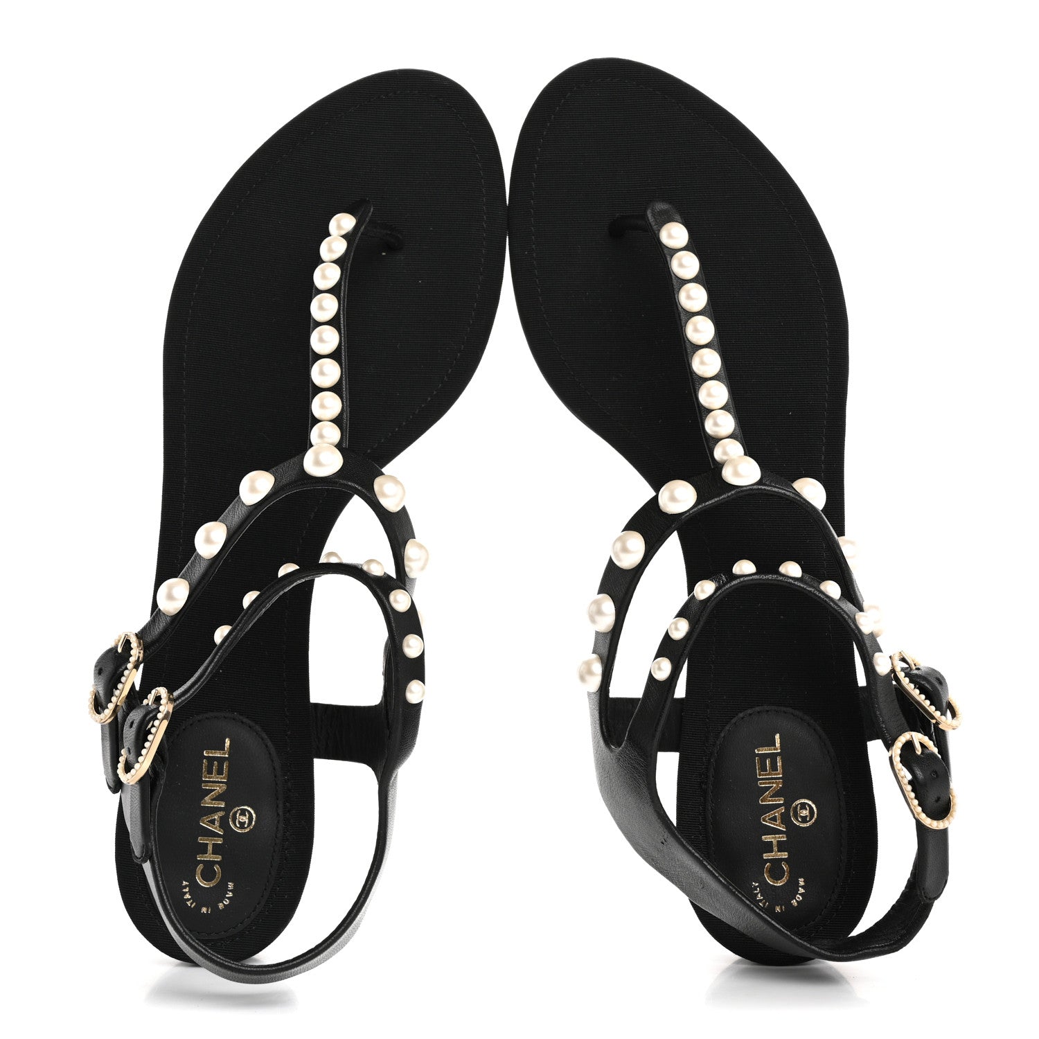 Chanel Lambskin Pearl Thong Sandals 38.5 Black 2 of 8
