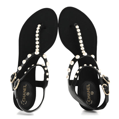 Chanel Lambskin Pearl Thong Sandals 38.5 Black 2 of 8