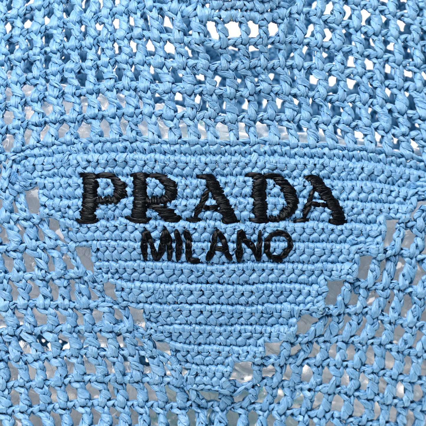 Yarn Raffia Effect Crochet Logo Embroidered Shopping Tote Bag Celeste