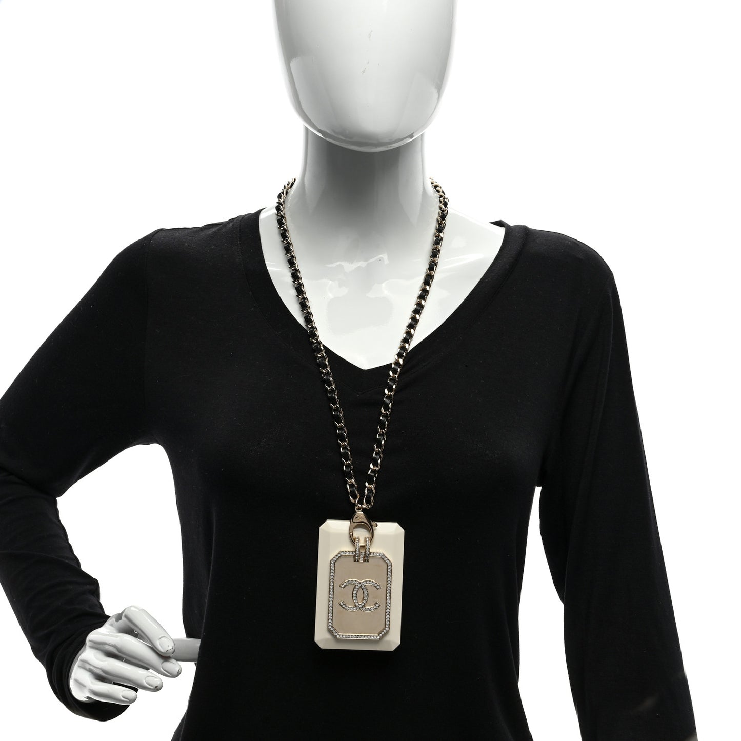 Lambskin Crystal CC Cardholder Pendant Necklace Gold White
