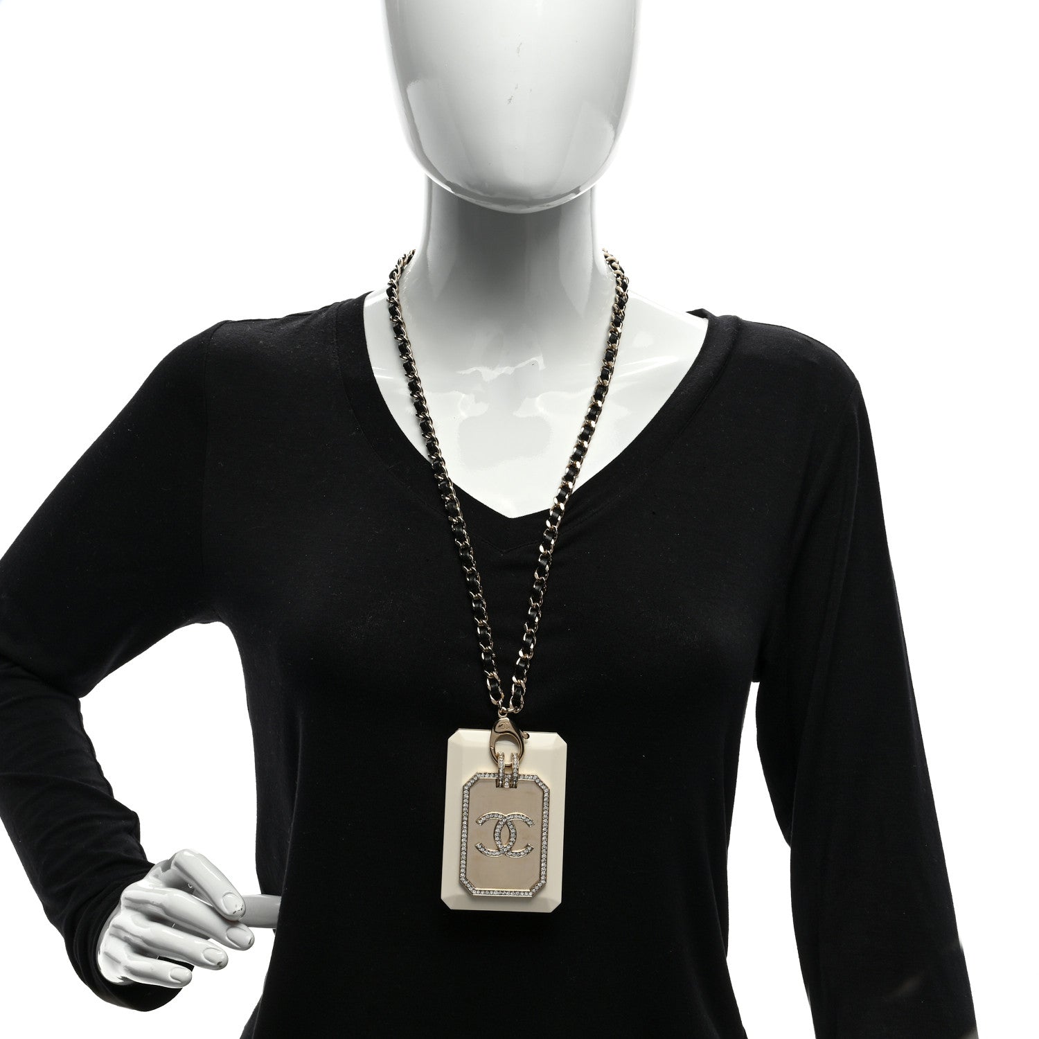 Chanel Lambskin Crystal CC Cardholder Pendant Necklace Gold White 2 of 4