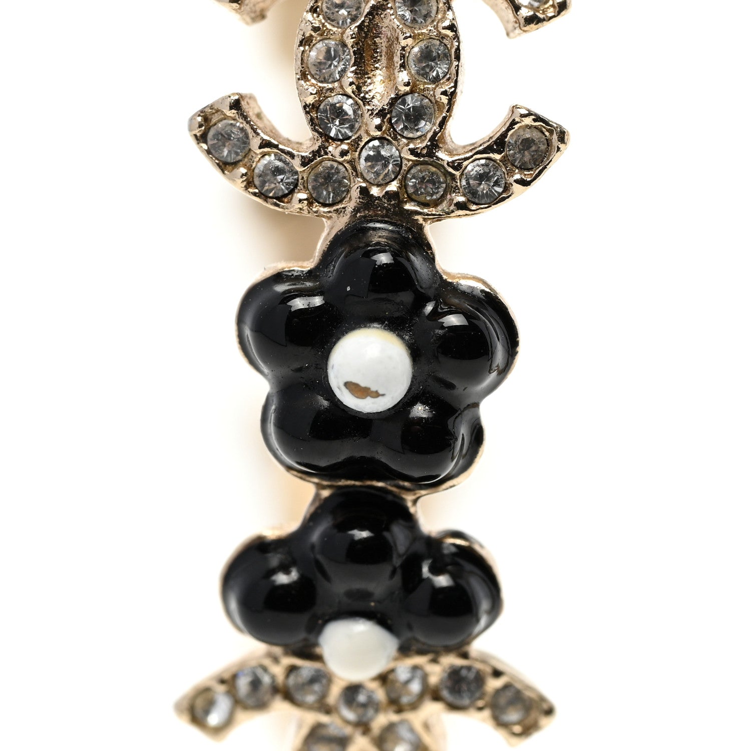 Chanel Metal Strass Crystal Flower CC Hoop Earrings Gold Black White 5 of 5