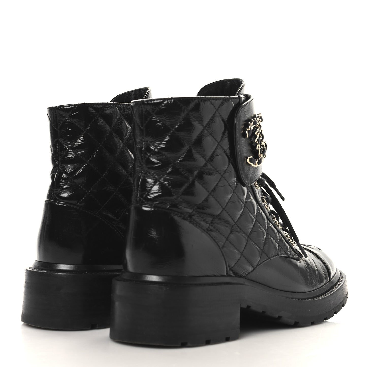 Shiny Calfskin Quilted Lace Up Combat Boots 39 Black