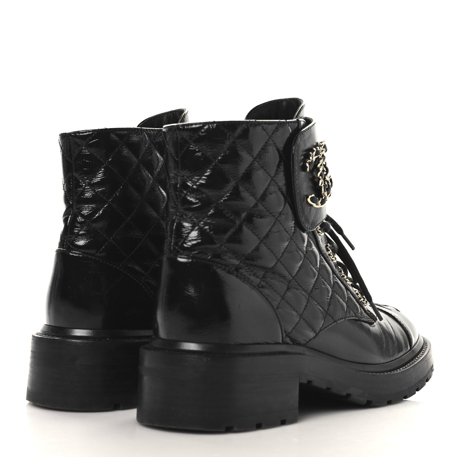 Chanel Shiny Calfskin Quilted Lace Up Combat Boots 39 Black 5 of 10