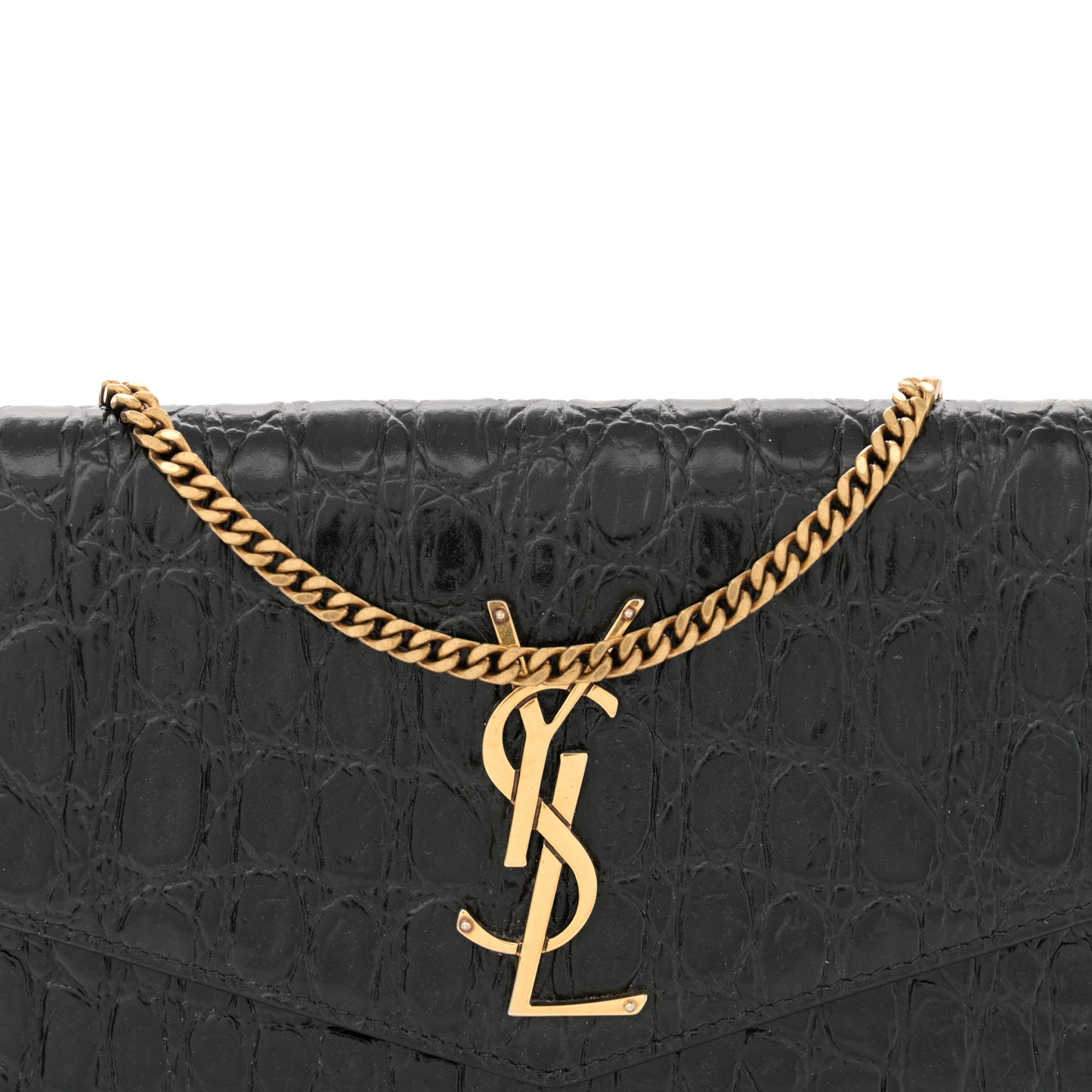Calfskin Crocodile Embossed Monogram Uptown Chain Wallet Black