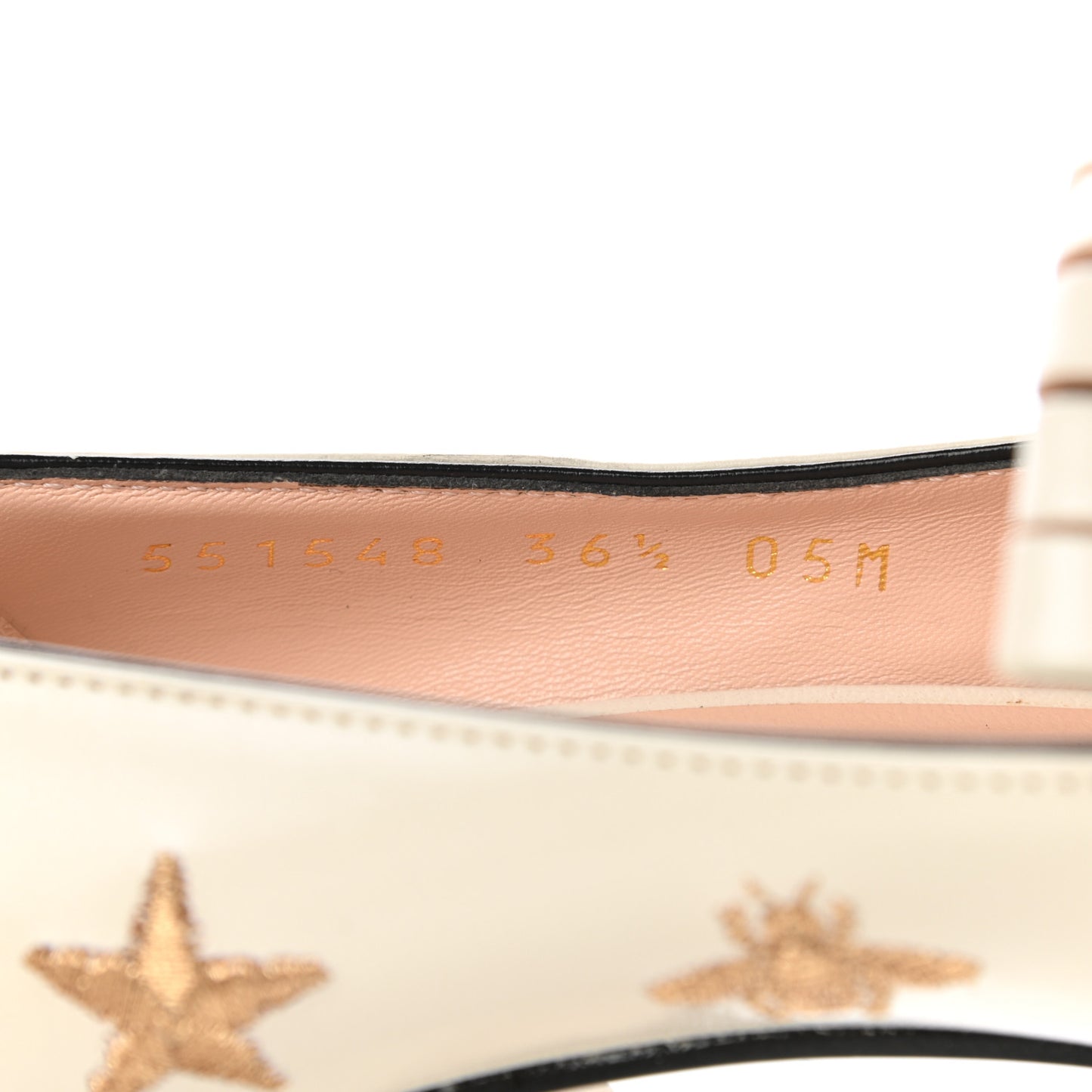 Quentin Goatskin Bee Star Embroidered GG Marmont Fringe 50mm Loafer Pumps 36.5 Mystic White