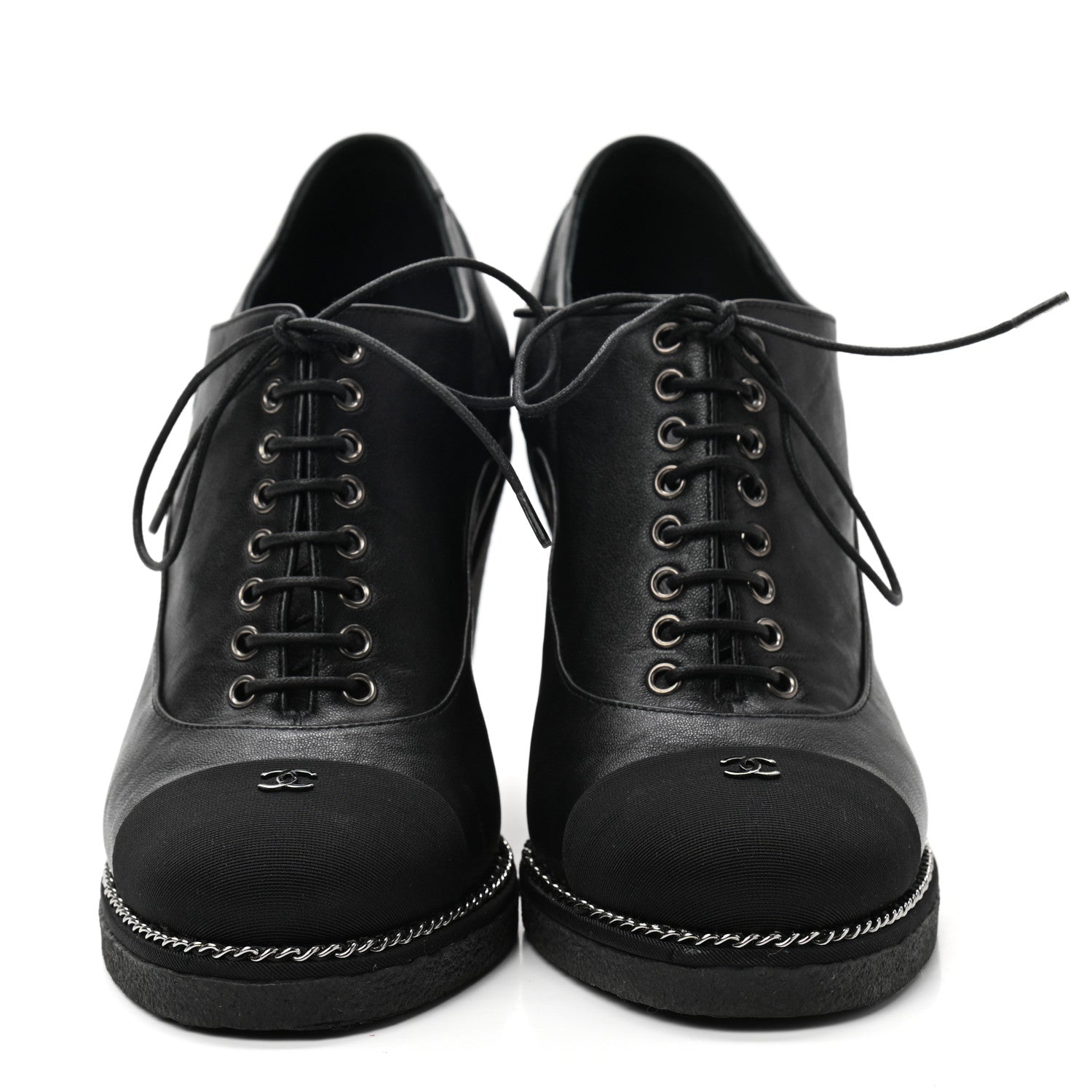 Chanel Metallic Lambskin Grosgrain Cap Toe Lace Up Wedge Booties 37 Black 2 of 7