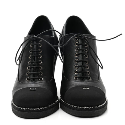 Chanel Metallic Lambskin Grosgrain Cap Toe Lace Up Wedge Booties 37 Black 2 of 7