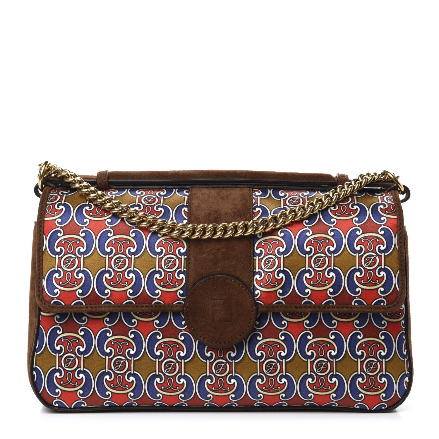 Fendi Suede Satin Double F Shoulder Bag Marrone Rosso Blue 1 of 11