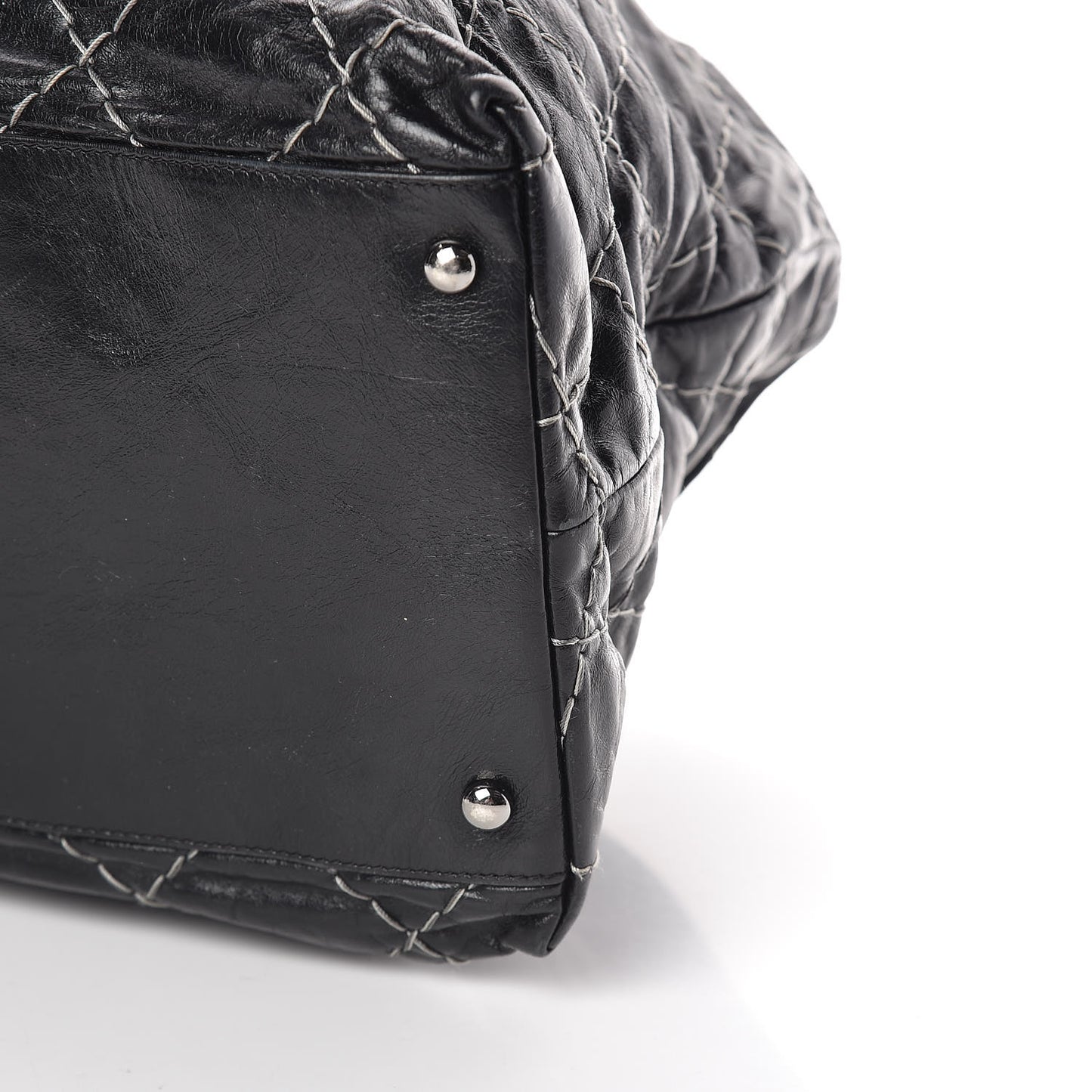 Glazed Goatskin Double Contrast Stitch Tote Black