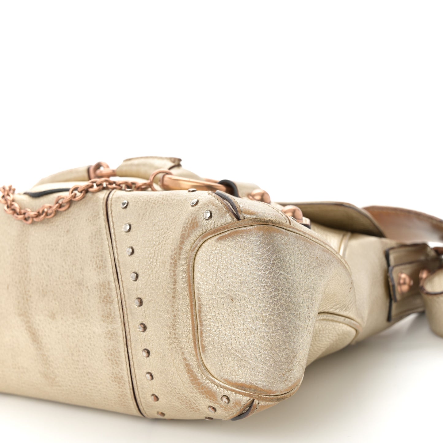 Metallic Calfskin Horsebit Chain Studded Flap Shoulder Bag Gold