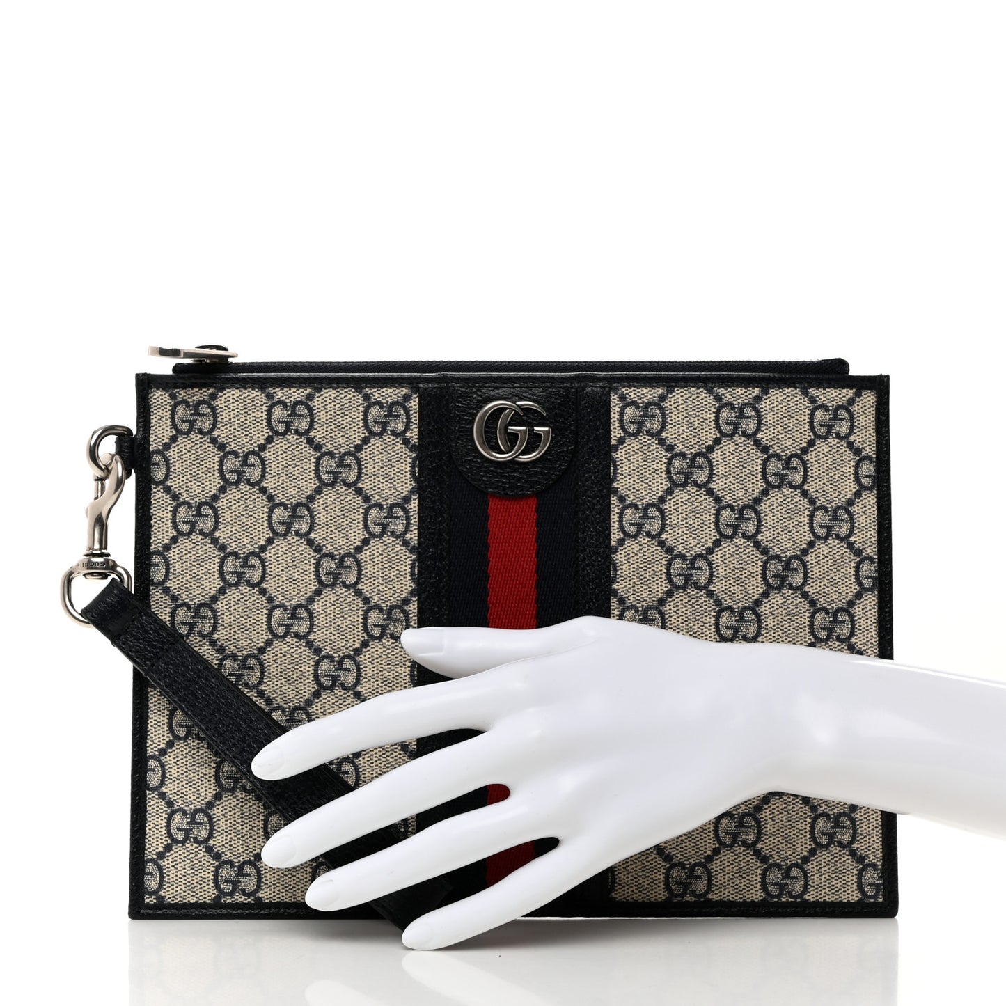 GG Supreme Monogram Textured Dollar Calfskin Web Ophidia Wristlet Pouch Beige Blue