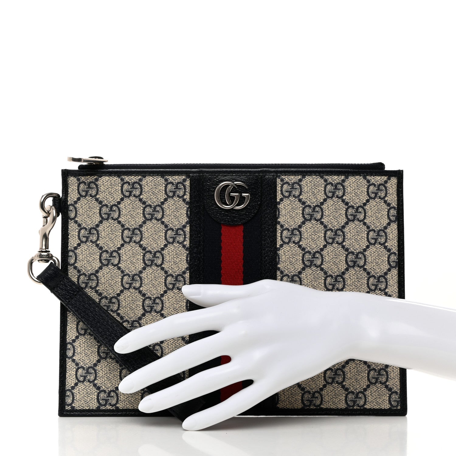 Gucci GG Supreme Monogram Textured Dollar Calfskin Web Ophidia Wristlet Pouch Beige Blue 2 of 9