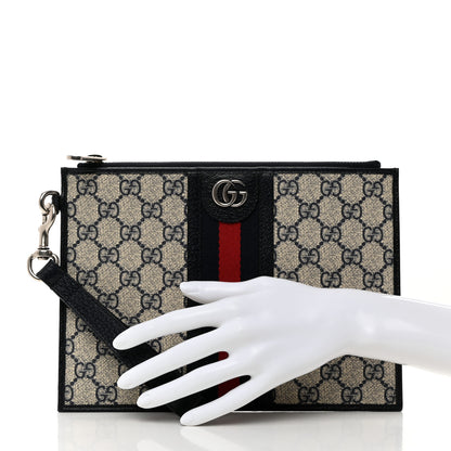 Gucci GG Supreme Monogram Textured Dollar Calfskin Web Ophidia Wristlet Pouch Beige Blue 2 of 9