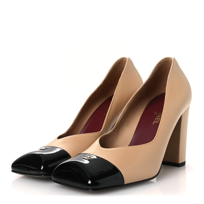 Chanel Lambskin Patent Calfskin Cap Toe Pumps 37 Beige Black 4 of 10