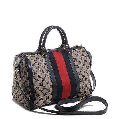 Gucci Monogram Selleria Calfskin Vintage Web Medium Boston Beige Blue 3 of 7