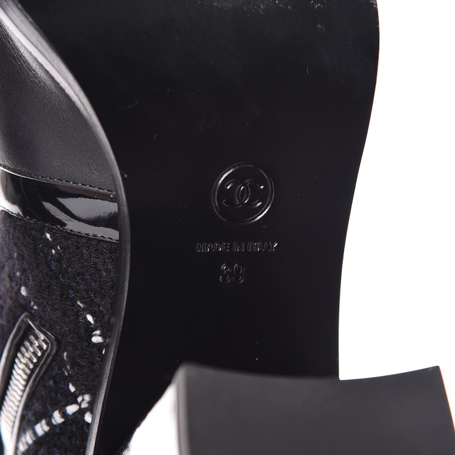 Chanel Tweed Calfskin Patent Cap Toe CC High Boots 39 Black Navy White 8 of 13