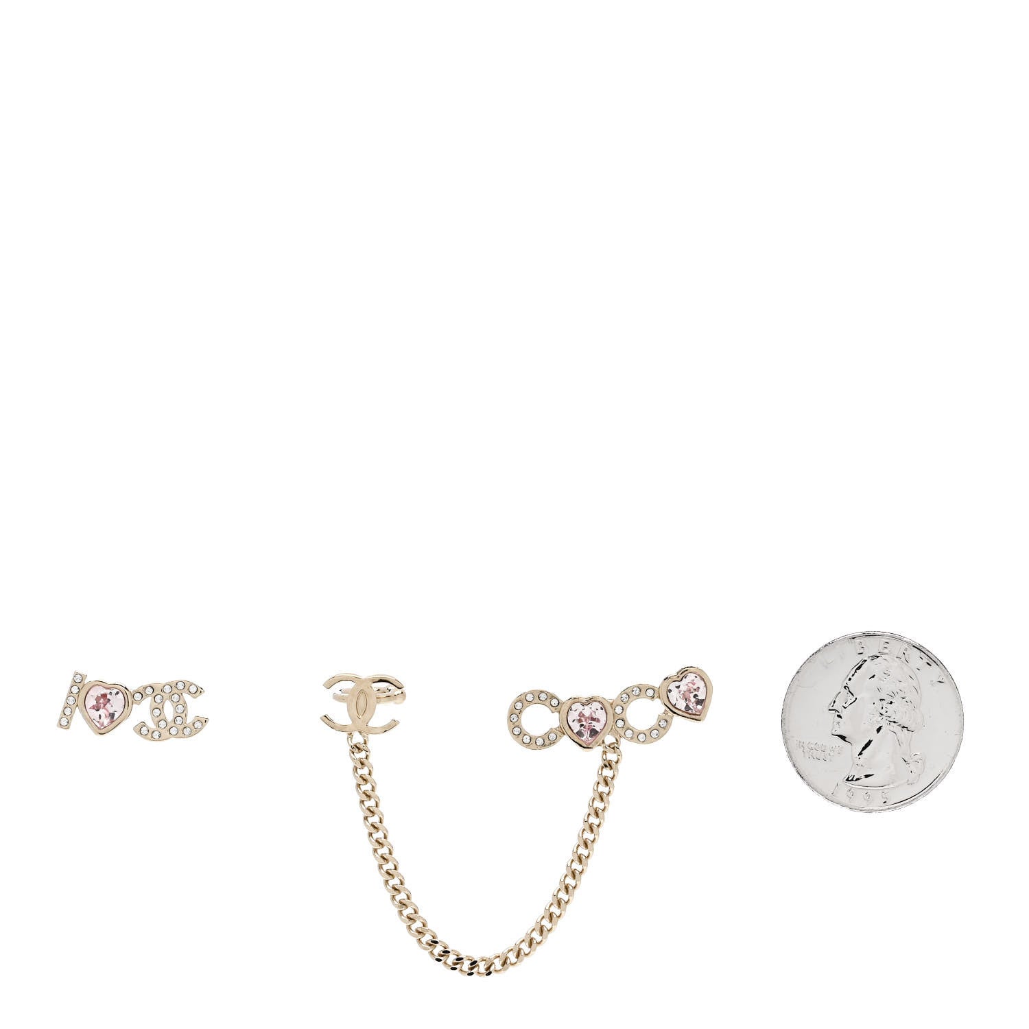 Chanel Metal Strass I Love Coco Heart Chain Climber Earrings Gold Pink 2 of 5