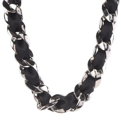 Chanel Ribbon Chain Necklace Black Silver 1 of 4