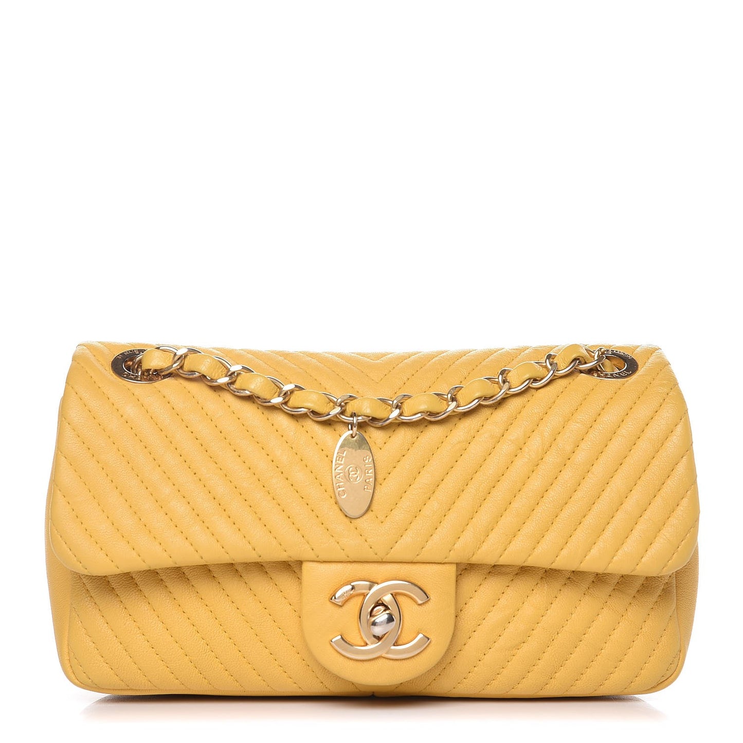 Calfskin Chevron Quilted Small Surpique Flap Yellow