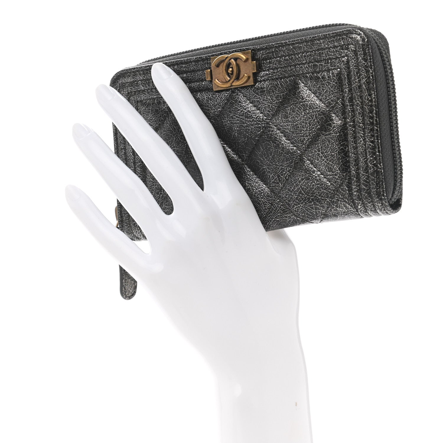 Chanel Cracked Metallic Calfskin Quilted Medium Boy Zip Around Wallet Dark Silver 3 of 18