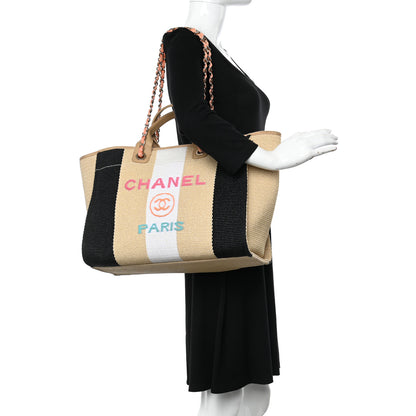 Chanel Straw Raffia Calfskin Striped Medium Deauville Tote Black Beige Ivory 3 of 17