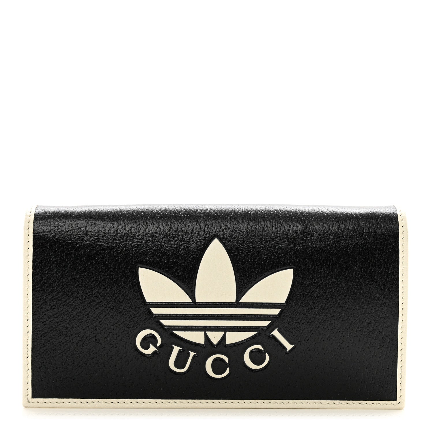 Gucci X ADIDAS Textured Dollar Calfskin Trefoil Embossed Wallet On Chain Black Off White 1 of 7