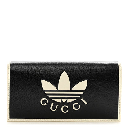 Gucci X ADIDAS Textured Dollar Calfskin Trefoil Embossed Wallet On Chain Black Off White 1 of 7