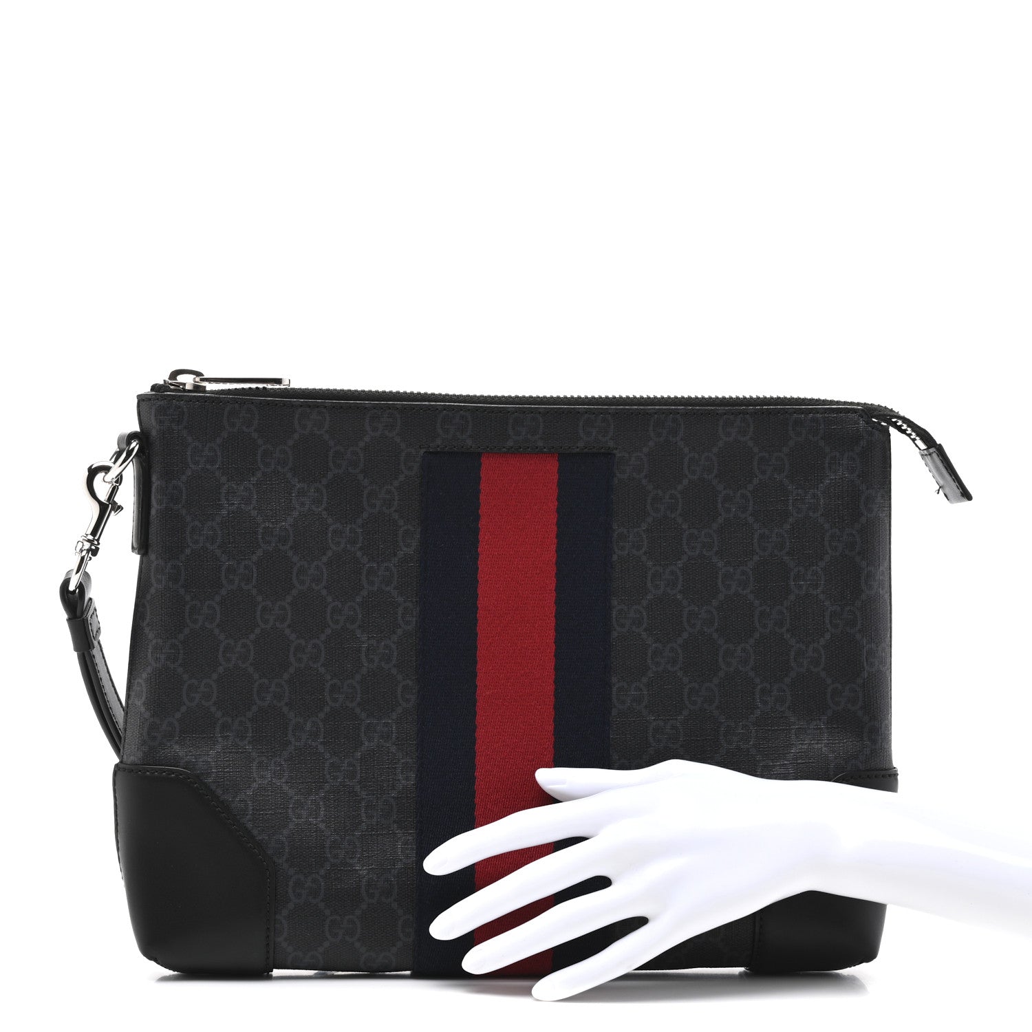 Gucci GG Supreme Monogram Calfskin Web Flat Wristlet Black Grey 2 of 9