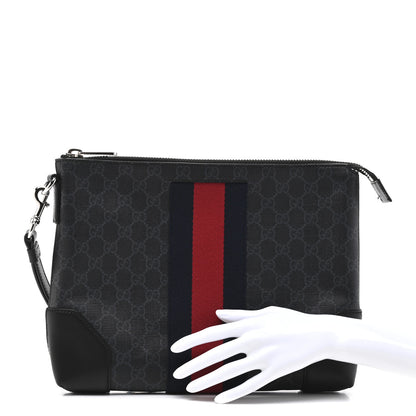 Gucci GG Supreme Monogram Calfskin Web Flat Wristlet Black Grey 2 of 9