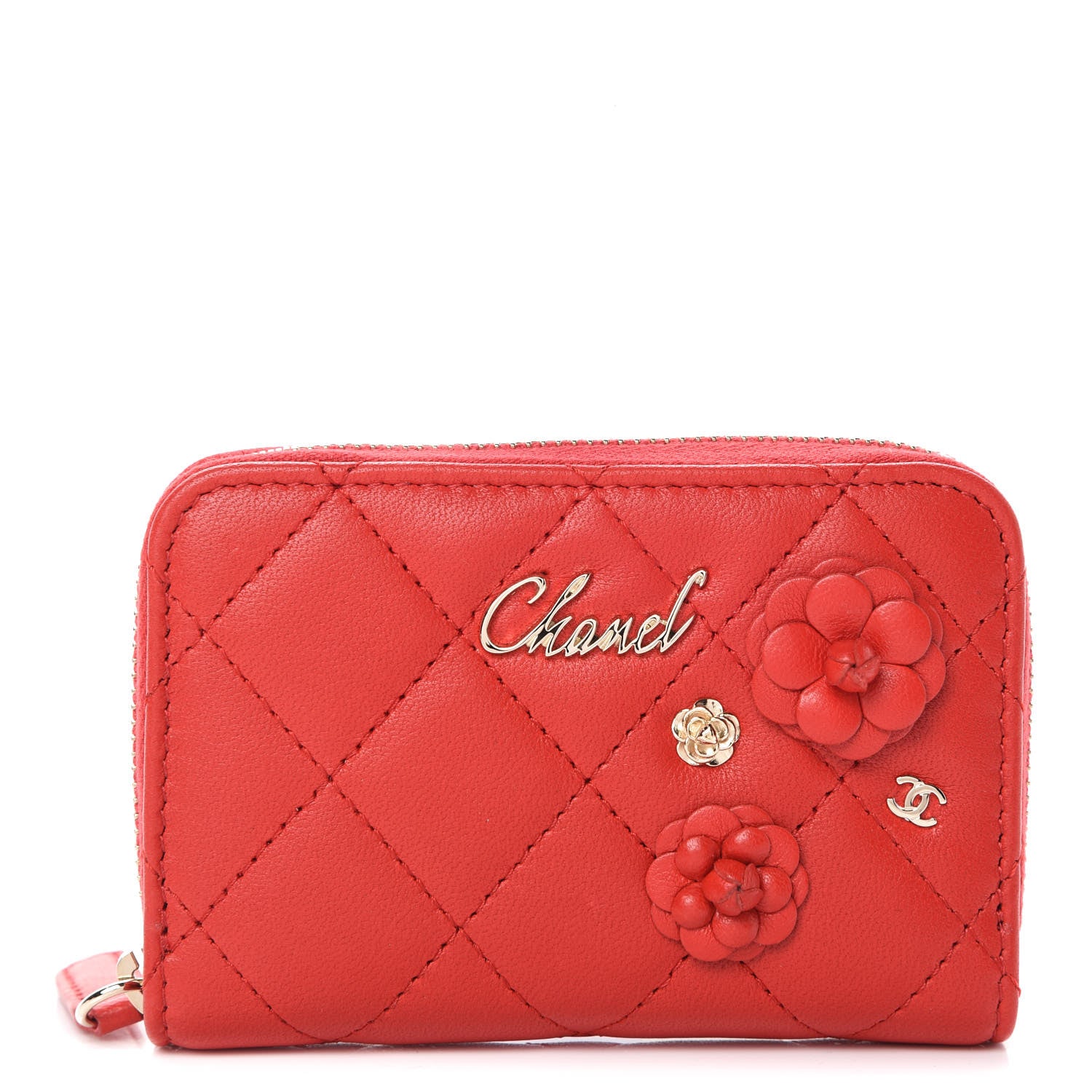 Chanel Lambskin Quilted Camellia Zip Coin Purse Red 1 of 7