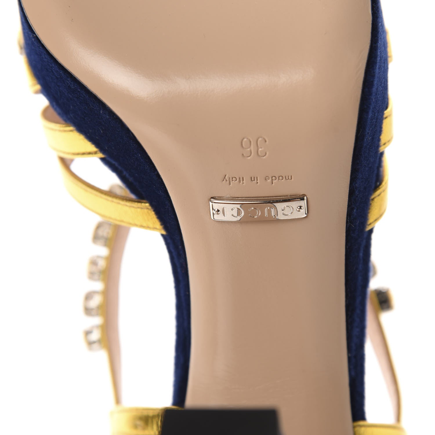 Gucci Velvet Nappa Crystal Zephyra Slingback Platform High Heel Sandals 36 Blue Gold 7 of 9