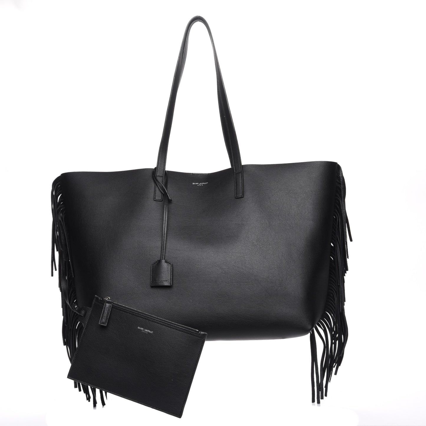 Calfskin Large Fringe Shopping Tote Black