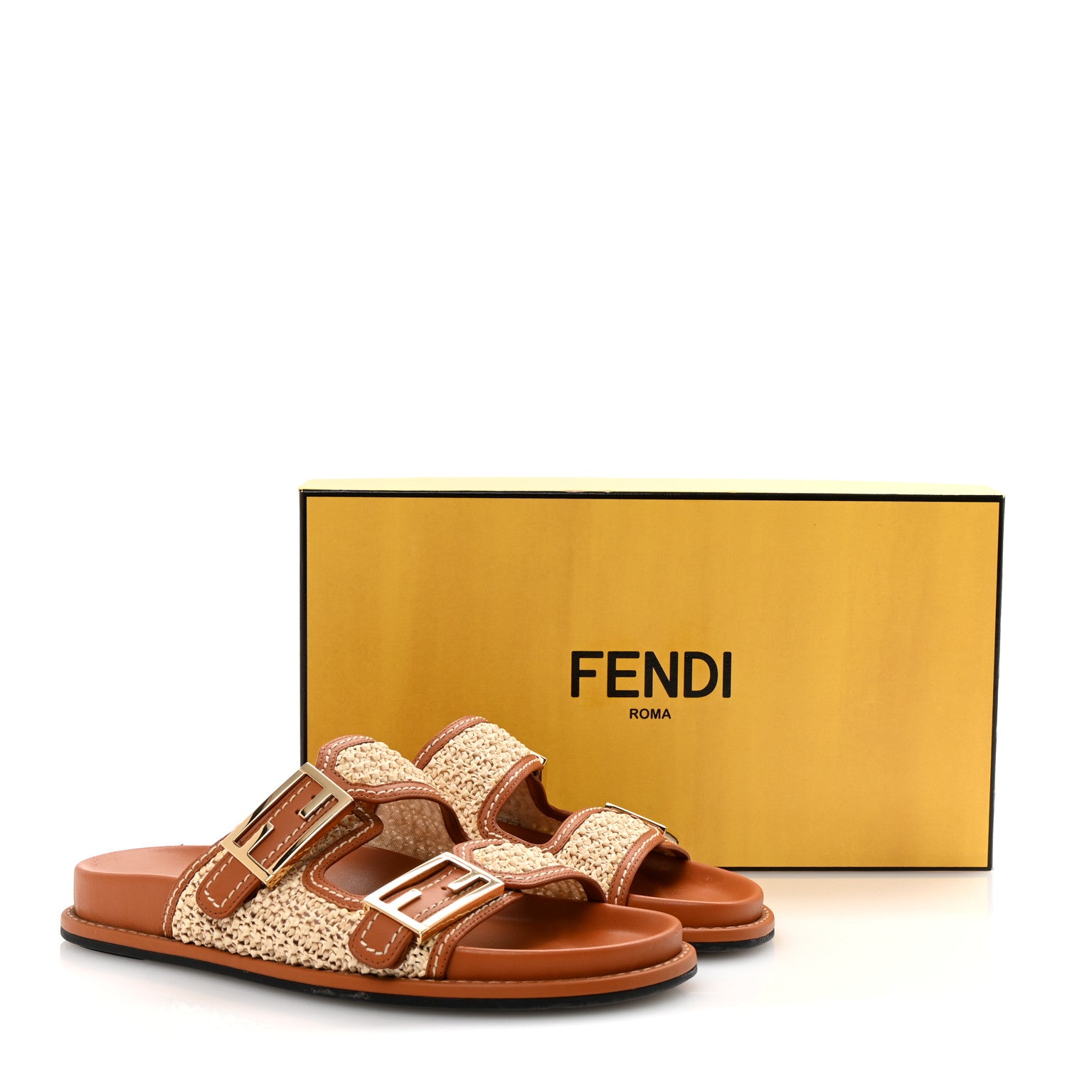Fendi Raffia Vitello Womens Fendi Feel Buckled Slide Sandals 39 Paglia Brandy 9 of 9