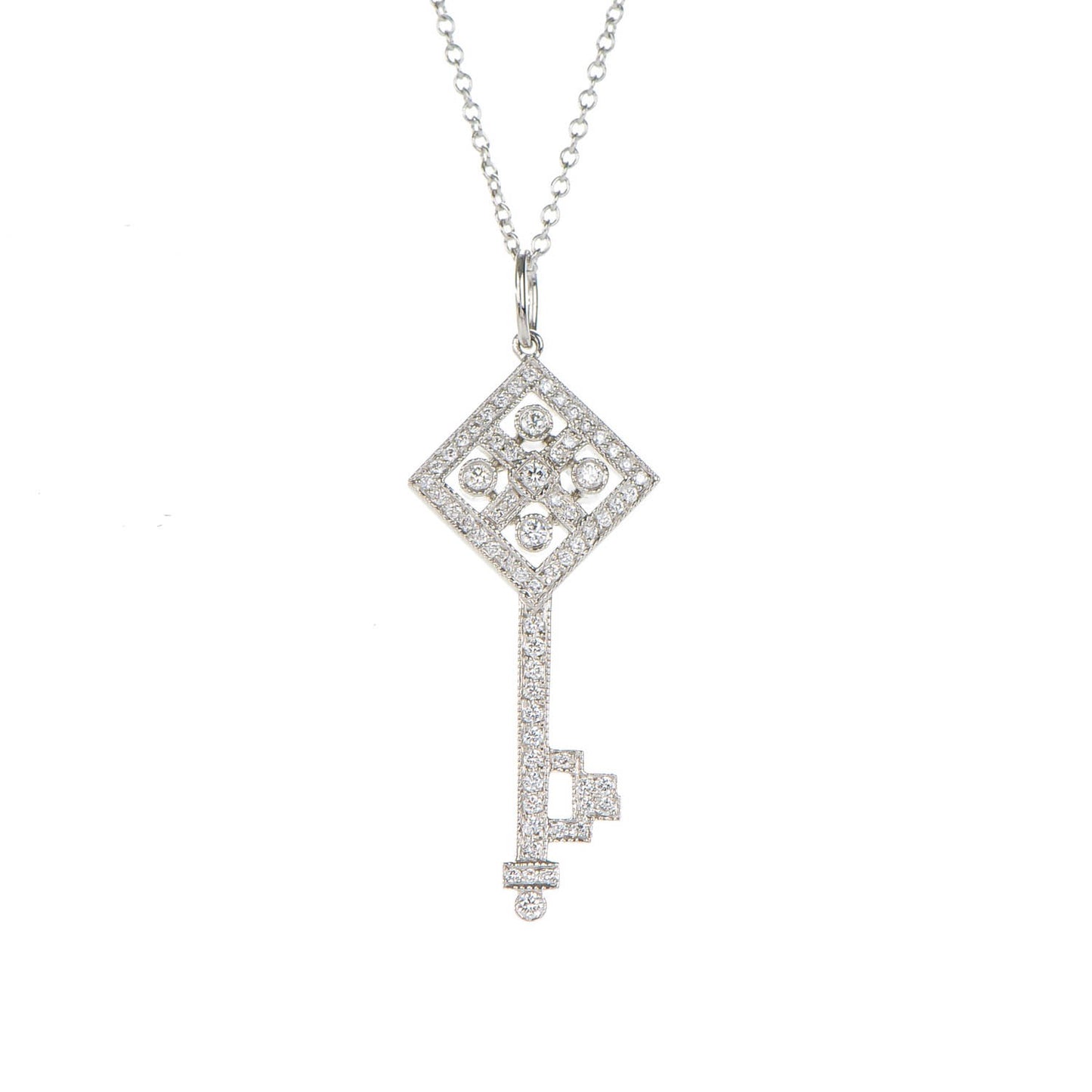 Platinum Diamond Checkerboard Key Pendant Necklace