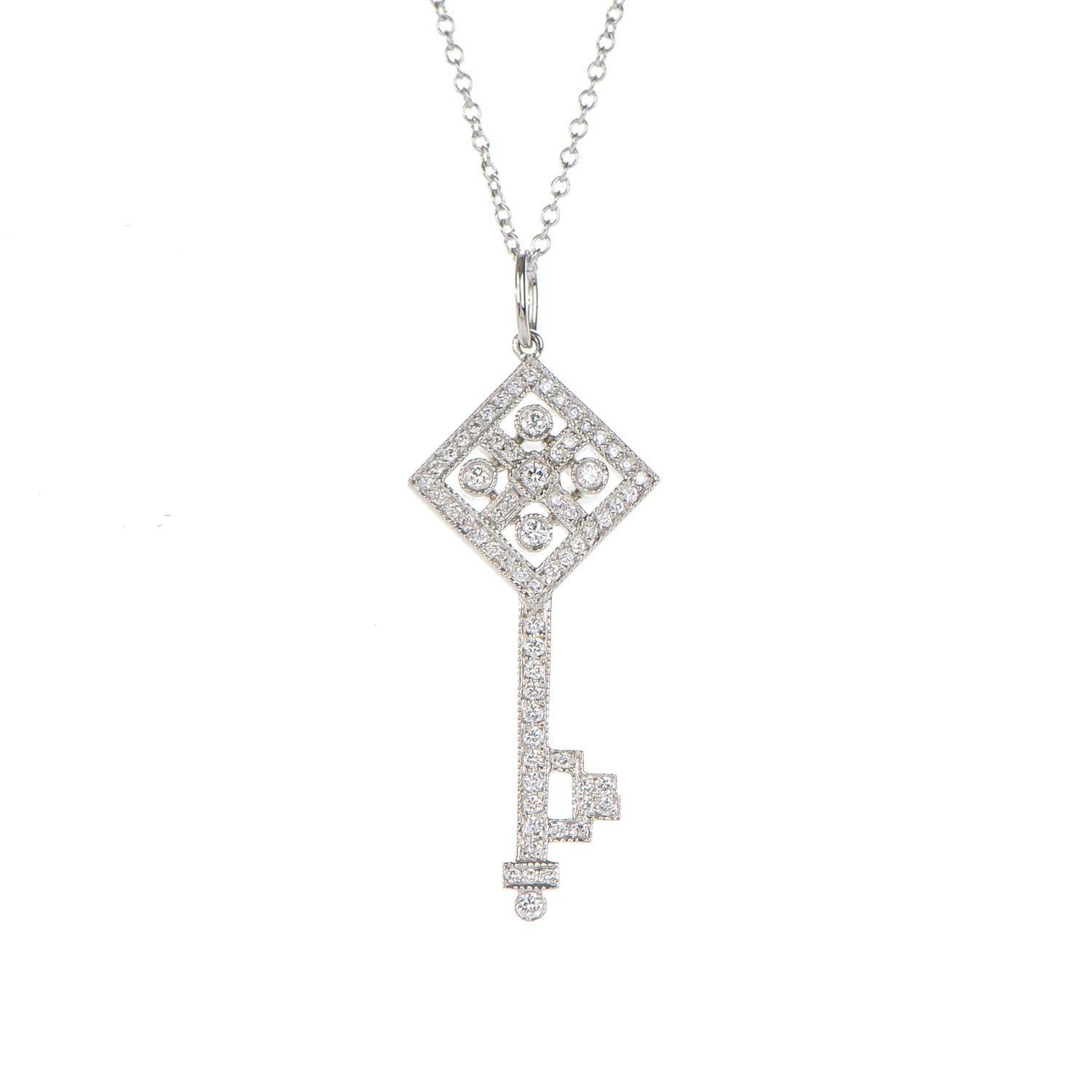 Tiffany Platinum Diamond Checkerboard Key Pendant Necklace 3 of 6
