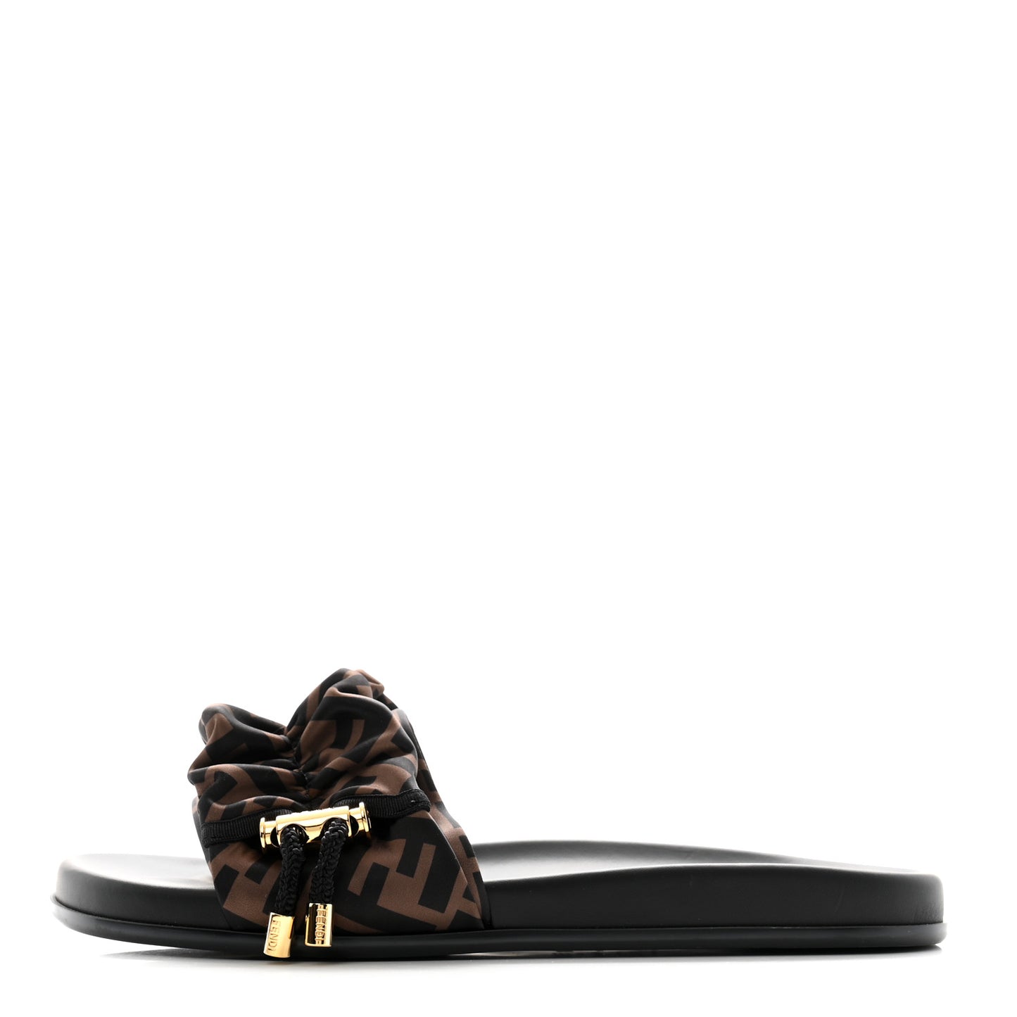 Satin FF Fendi Feel Slide Sandals 39 Tobacco Black