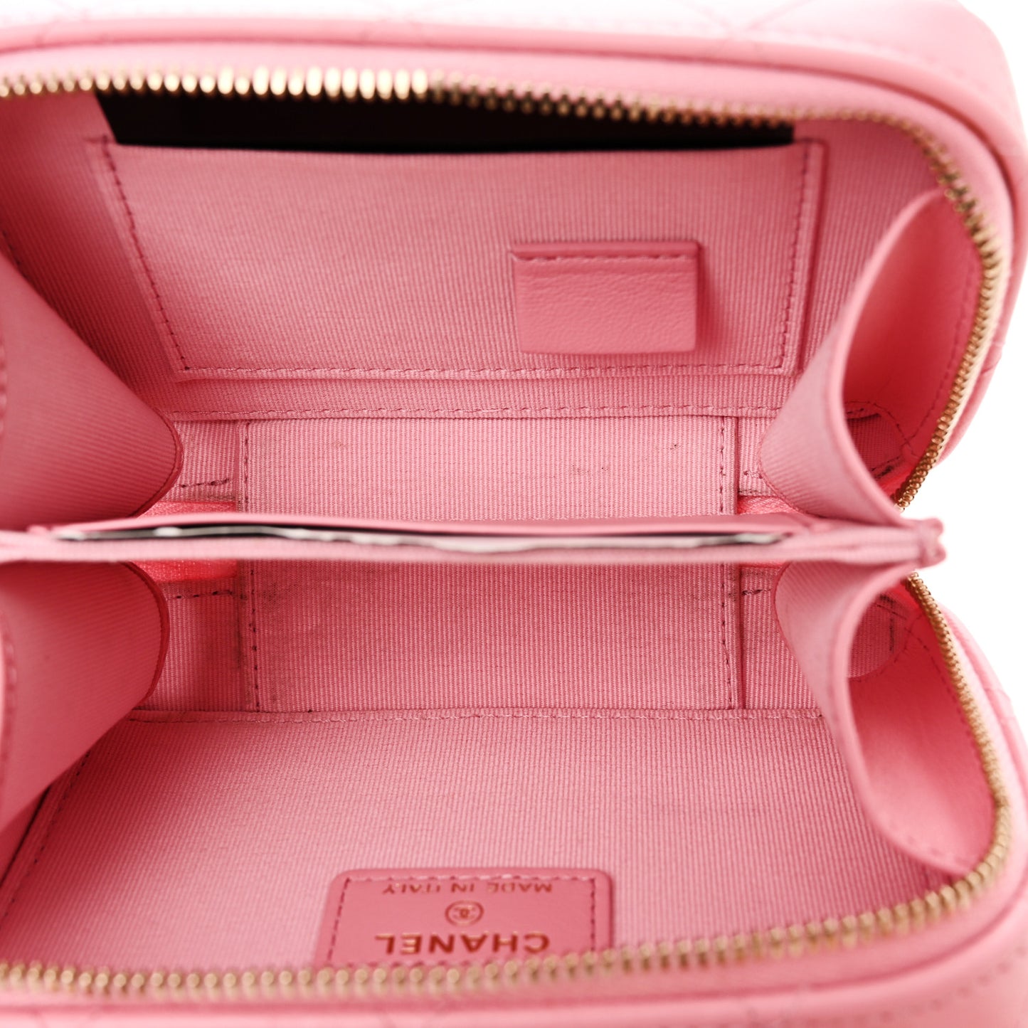 Lambskin Quilted Chain Top Handle Vanity Case Light Pink
