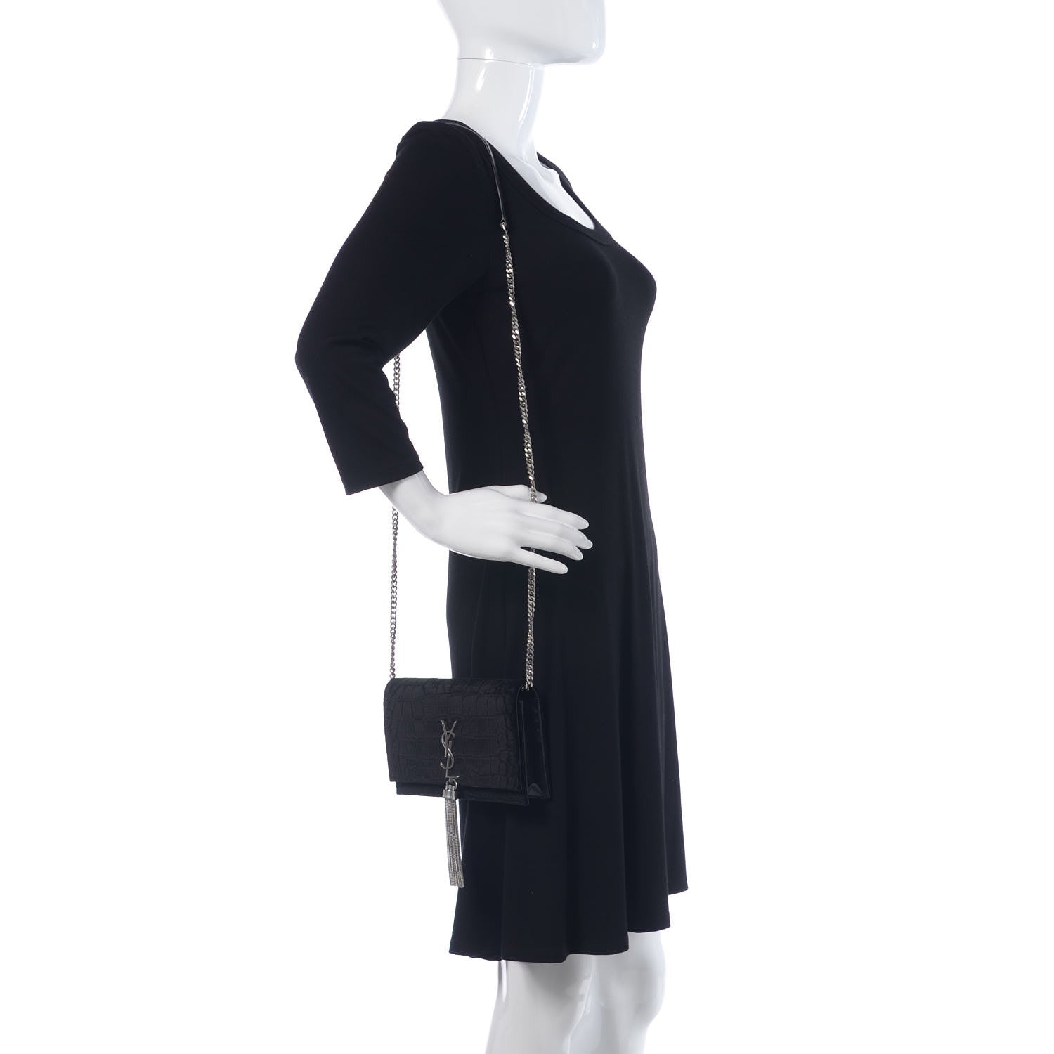 Saint Laurent Suede Crocodile Embossed Monogram Tassel Chain Wallet Black Silver 2 of 8