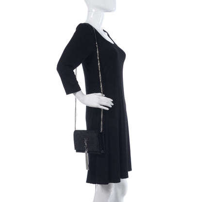 Saint Laurent Suede Crocodile Embossed Monogram Tassel Chain Wallet Black Silver 2 of 8