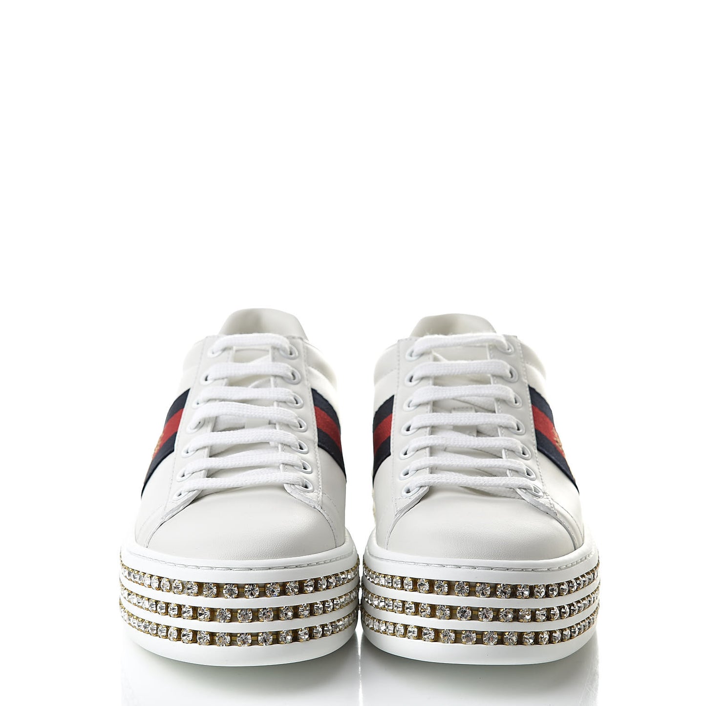 Calfskin Crystal Web Bee Embroidered Womens Ace Platform Sneakers 35.5 White